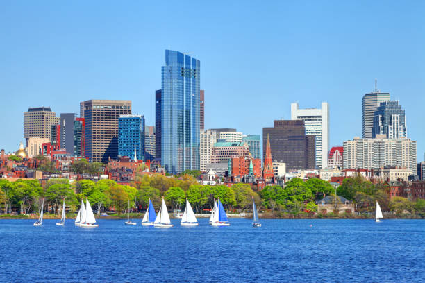 voile sur le fleuve charles à boston - boston skyline charles river river photos et images de collection