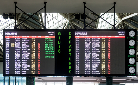 Izmir, Turkey - February 14, 2018: Arrival departure board of Adnan Menderes International Airport  terminal in Izmir-Turkey.  It is one of the biggest and the bussiesst airport in Turkey.