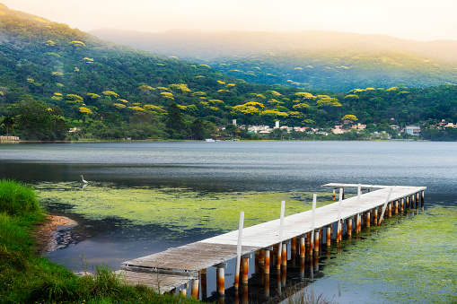 View of Lagoa da Conceição in Florianópolis, Brazil. A white wooden pier in the fists plane with the hills on the opposite border covered with blooming forest trees back lit by afternoon soon in the springtime