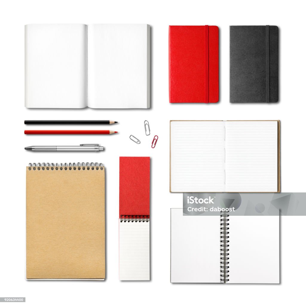 stationery books and notebooks mockup template stationery books and notebooks mockup template isolated on white background Note Pad Stock Photo