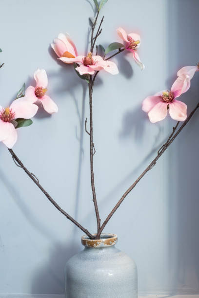 istock Pink orchid flowers in ceramic vase with blue background 920637170