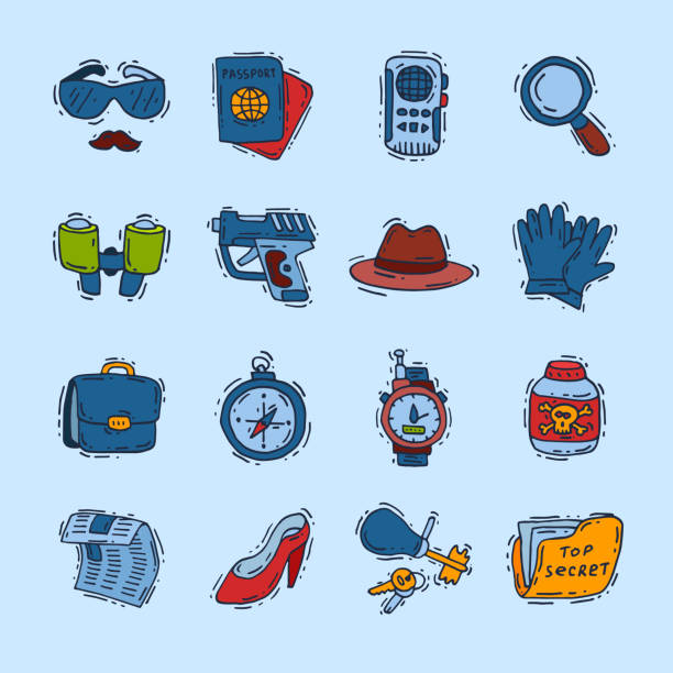 Spy icons vector cartoon detective set mafia agent binoculars or spyglass for spying or secret investigation illustration isolated on white background Spy icons vector cartoon detective set mafia agent binoculars or spyglass for spying or secret investigation illustration isolated on white background. wallet gun stock illustrations