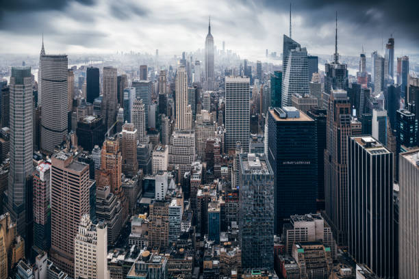New York City skyline, long exposure shot taken during a foggy and rainy day