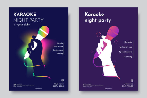 Karaoke party invitation flyer template. Silhouette of Hand with microphone on an abstract dark background. Concept for a night club advertising company. Creative invite poster. Vector eps 10 Karaoke party invitation flyer template. Silhouette of Hand with microphone on an abstract dark background. Concept for a night club advertising company. Creative invite poster. Vector eps 10 microphone silhouettes stock illustrations