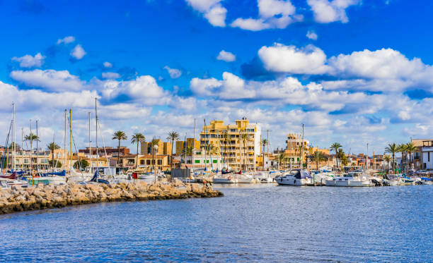 idyllic view of harbor marina of portixol, palma de majorca, spain - majorca yacht marina palma imagens e fotografias de stock