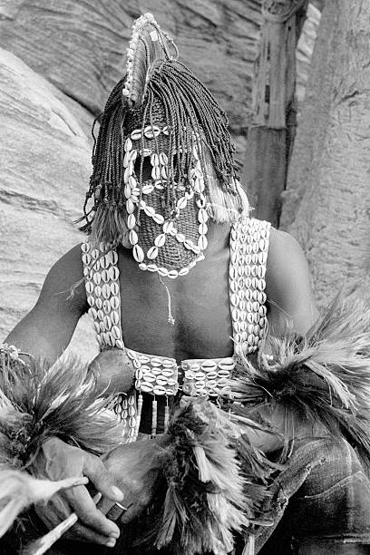 dogon-tänzerin mit kaurischnecke maske - dogon tribe stock-fotos und bilder