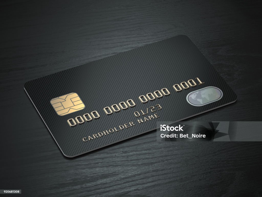 Maquete de cartões de crédito em branco preto sobre fundo preto mesa de madeira. - Foto de stock de Cartão de crédito royalty-free