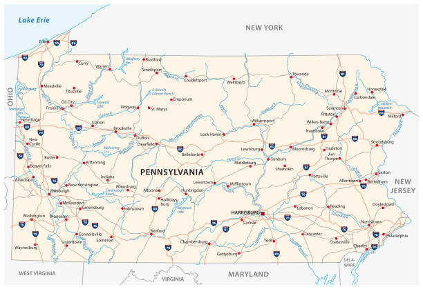 ilustraciones, imágenes clip art, dibujos animados e iconos de stock de mapa de carreteras de pennsylvania - state highway