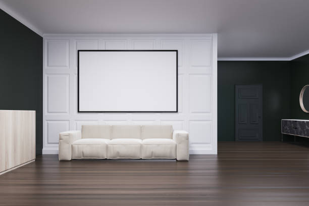 istock Black and white living room, poster and sofa 920695702