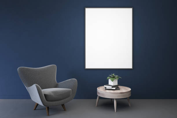 istock Empty blue room, gray armchair, table, poster 920695802
