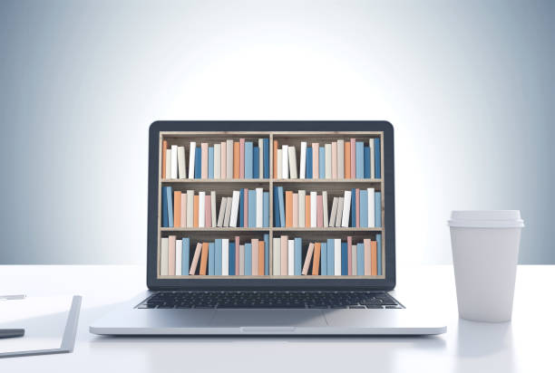 istock Laptop with bookshelves on screen, gray wall 920695924