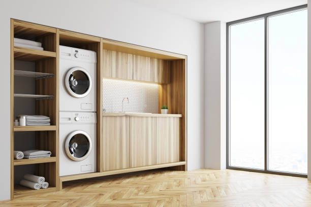 istock White and wooden laundry room, closet side 920696088