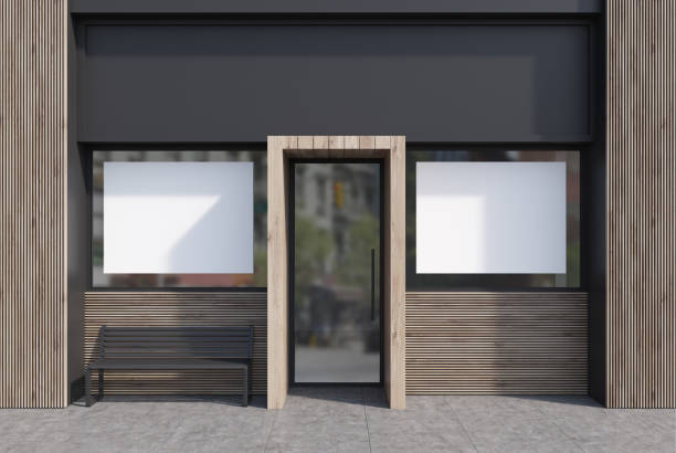 istock Dark gray and white cafe facade, posters, bench 920696358