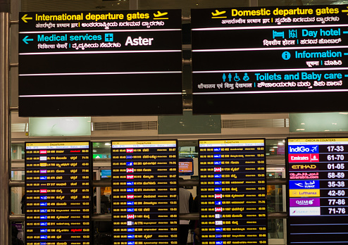 Bengaluru, India - December 24 2018 : Flight information screen at airport in Bangalore, India