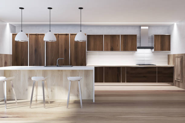 istock Dark wooden kitchen with a bar 920701758