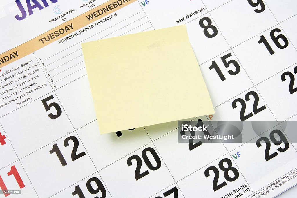 Post-It Note no calendário - Foto de stock de Agenda pessoal royalty-free