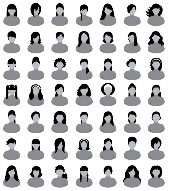 Vector characters - women with different hairstyles. Set of forty-nine vector people icons. Vector icons in black and gray. hair grey stock illustrations