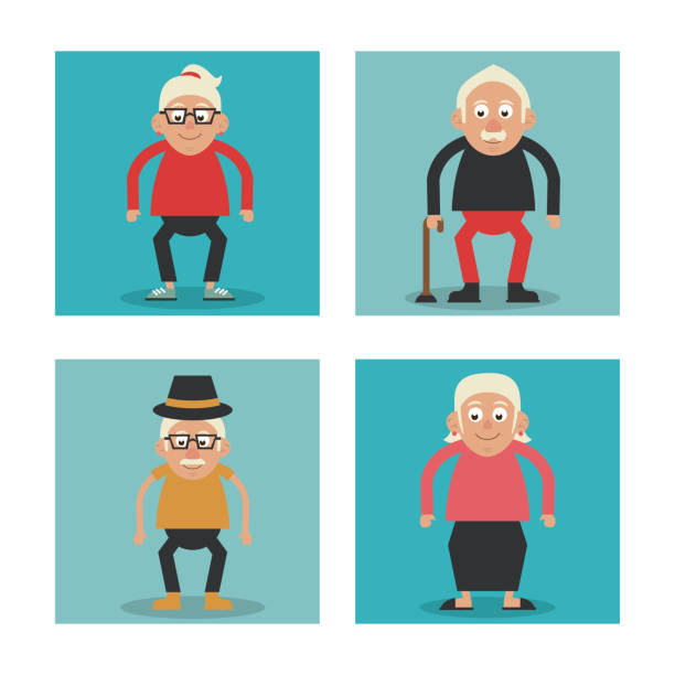 지팡이 안경, 모자와 조부모의 화려한 프레임 흰색 배경 설정 - senior adult grandmother grandfather cards stock illustrations