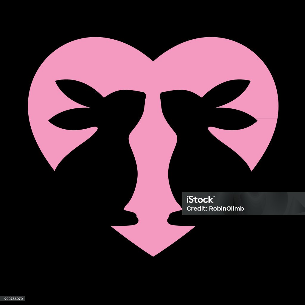 Pink Heart Bunnies Vector illustration of two bunny silhouettes against a pink heart on a black background. Rabbit - Animal stock vector
