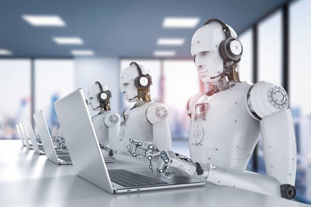 robots call center 3d rendering humanoid robots working with headset and notebook robot stock pictures, royalty-free photos & images