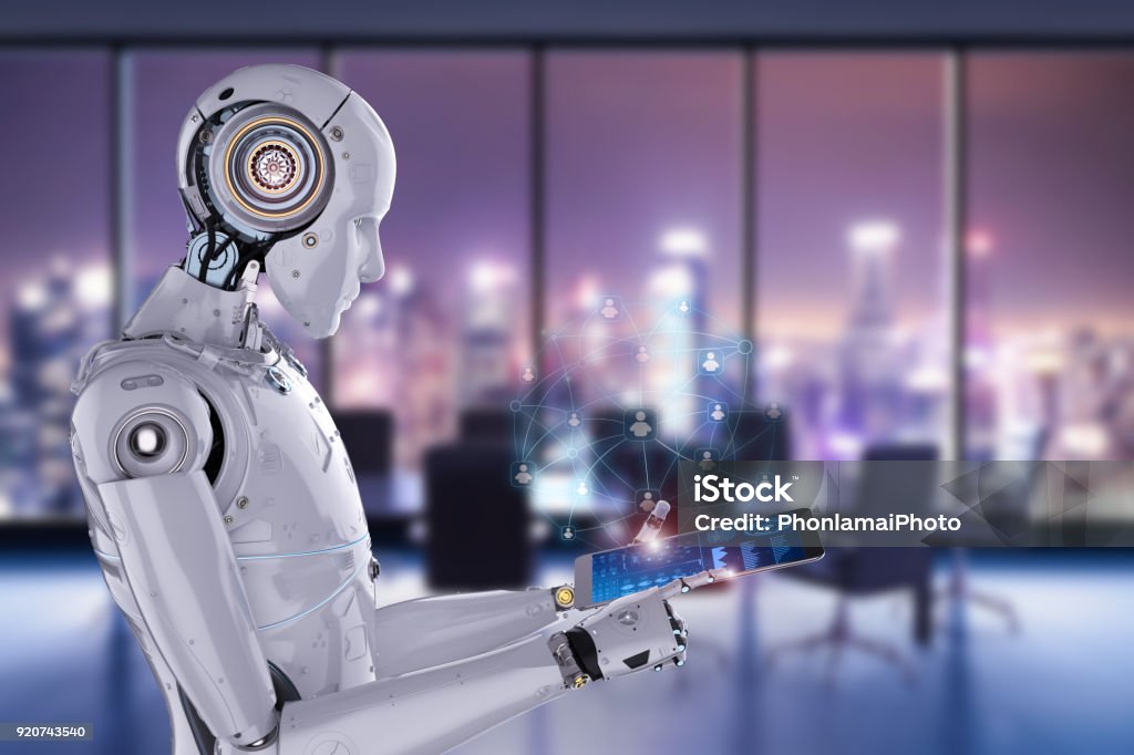 robot work on tablet 3d rendering humanoid robot working with digital tablet Artificial Intelligence Stock Photo