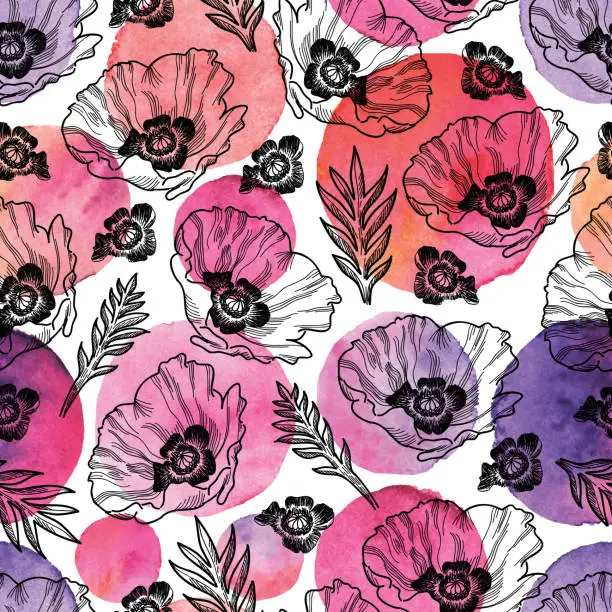 Vector illustration of Poppy Seamless Vector Pattern - Ink Drawing with Watercolor Texture