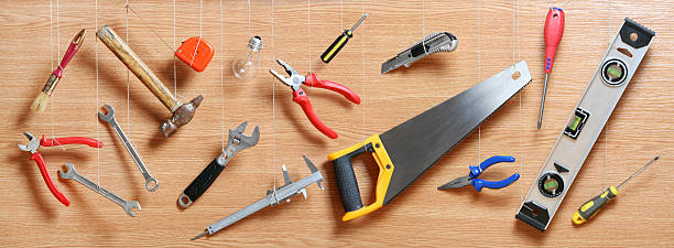 Tools hanging on a rope stock photo