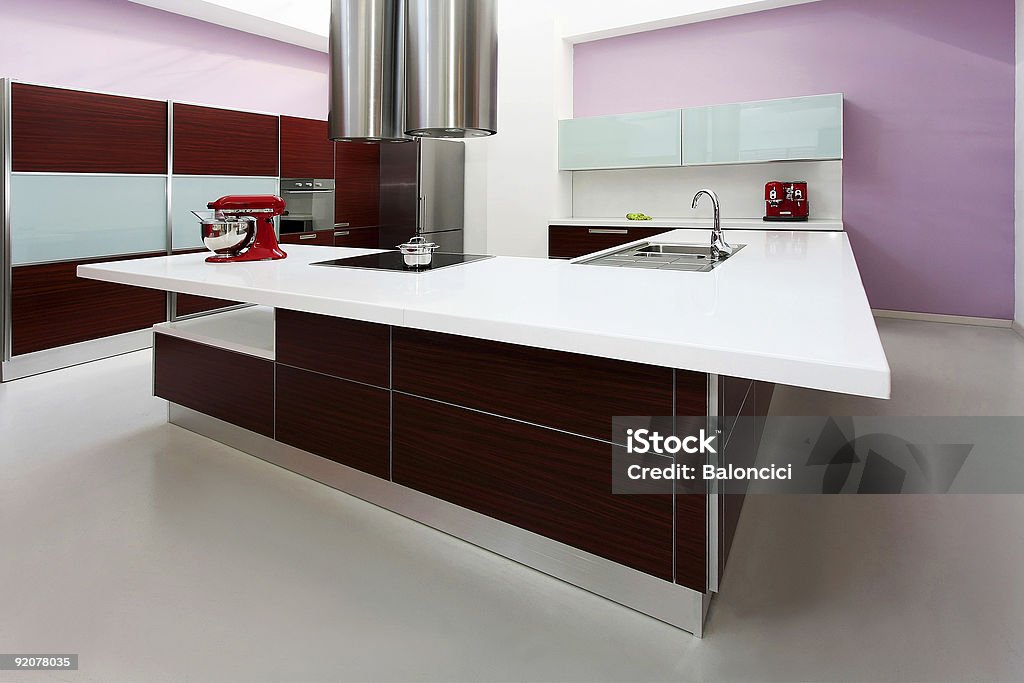 Purple kitchen Interior shot of big modern purple kitchen Air Duct Stock Photo