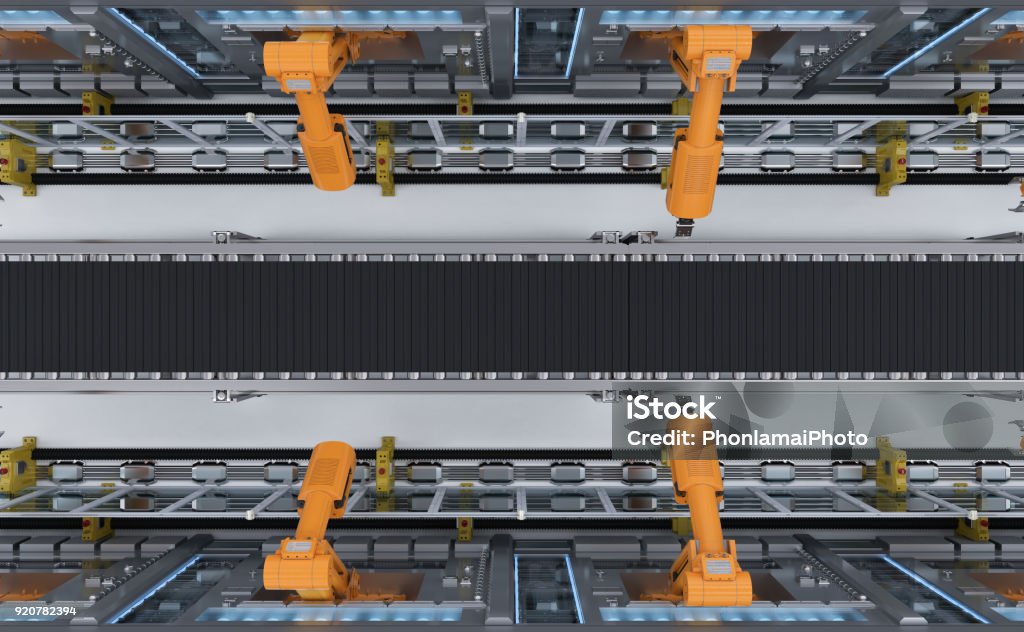 robotic machines with conveyor 3d rendering robotic machines with conveyor line Factory Stock Photo