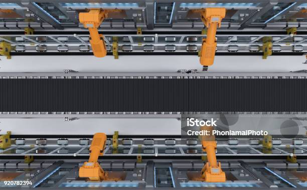 Robotic Machines With Conveyor Stock Photo - Download Image Now - Factory, Conveyor Belt, Robot