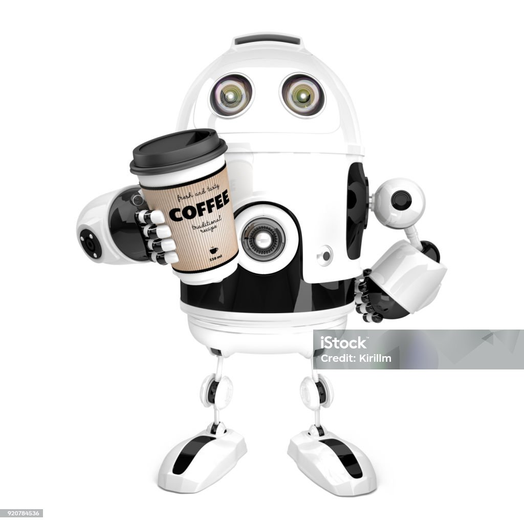 Robot with a cup of coffee. 3D illustration. Isolated. Contains clipping path Robot with a cup of coffee. 3D illustration. Isolated. Contains clipping path. Drinking Stock Photo