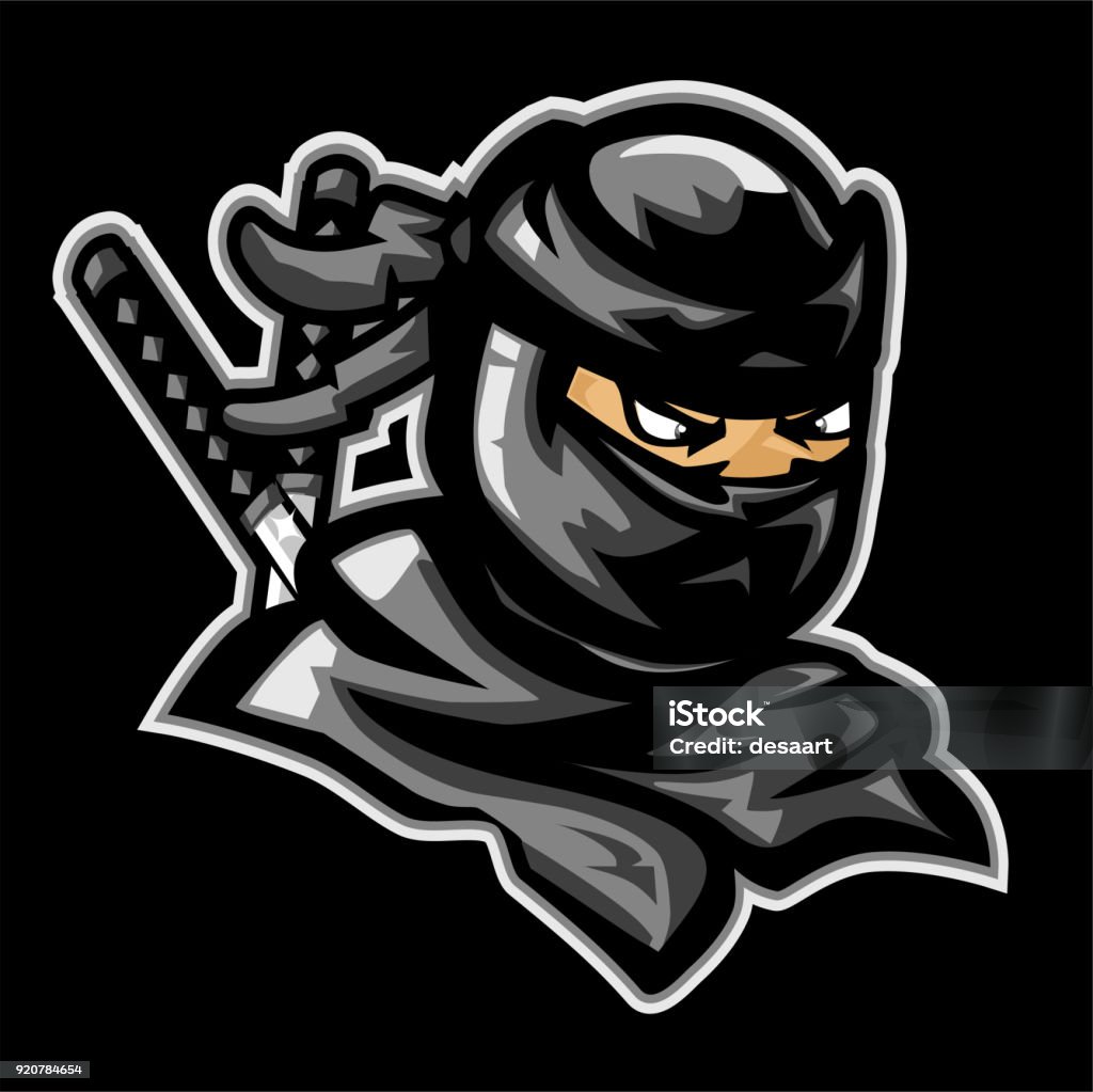 Masked ninja mascot Illustration of ninja head with two swords on his back, drawn in sport macot style In Silhouette stock vector