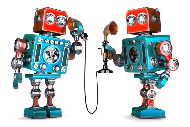 istock Vintage Robots having a phone conversation. 3D illustration. Isolated. Contains clipping path 920784684