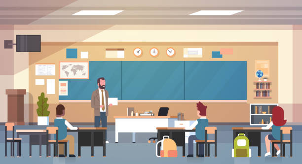 ilustrações, clipart, desenhos animados e ícones de professor e alunos em sala de aula na classe de aula escola de ensino - blackboard blank classroom backgrounds