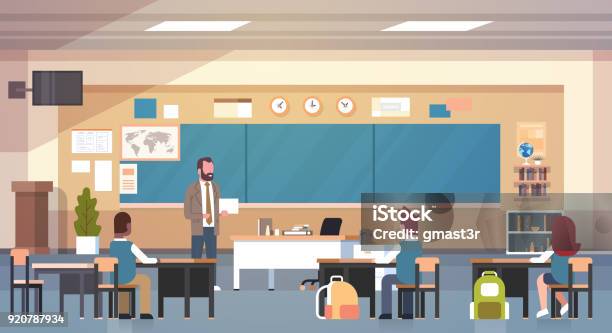 Male Teacher And Pupils In Classroom On Lesson Teaching School Class Stock Illustration - Download Image Now