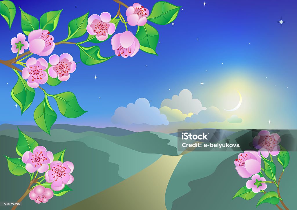 Ilustración de Paisaje De Primavera Con Flores Sucursales En La Noche De La Luna y más Vectores Libres de Derechos de Amarillo - Color - iStock Ilustración de Paisaje De Primavera Con Flores Sucursales En La Noche De La Luna y más Vectores Libres de Derechos de Amarillo - Color - iStock