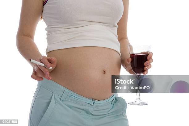 Pregnant Woman Holding Cigarette And Wine Stock Photo - Download Image Now - Color Image, Cut Out, Horizontal