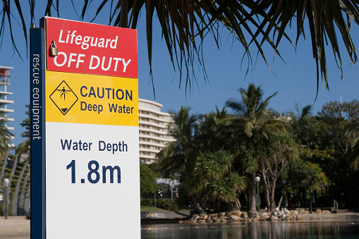 A lifeguard caution sign for swimmers