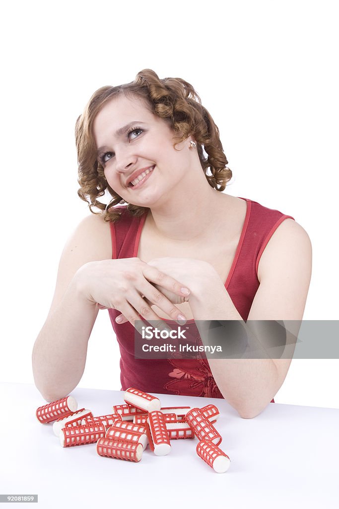 Jovem mulher com cabelo comprido-Rolo de cabelo. - Foto de stock de Adulto royalty-free