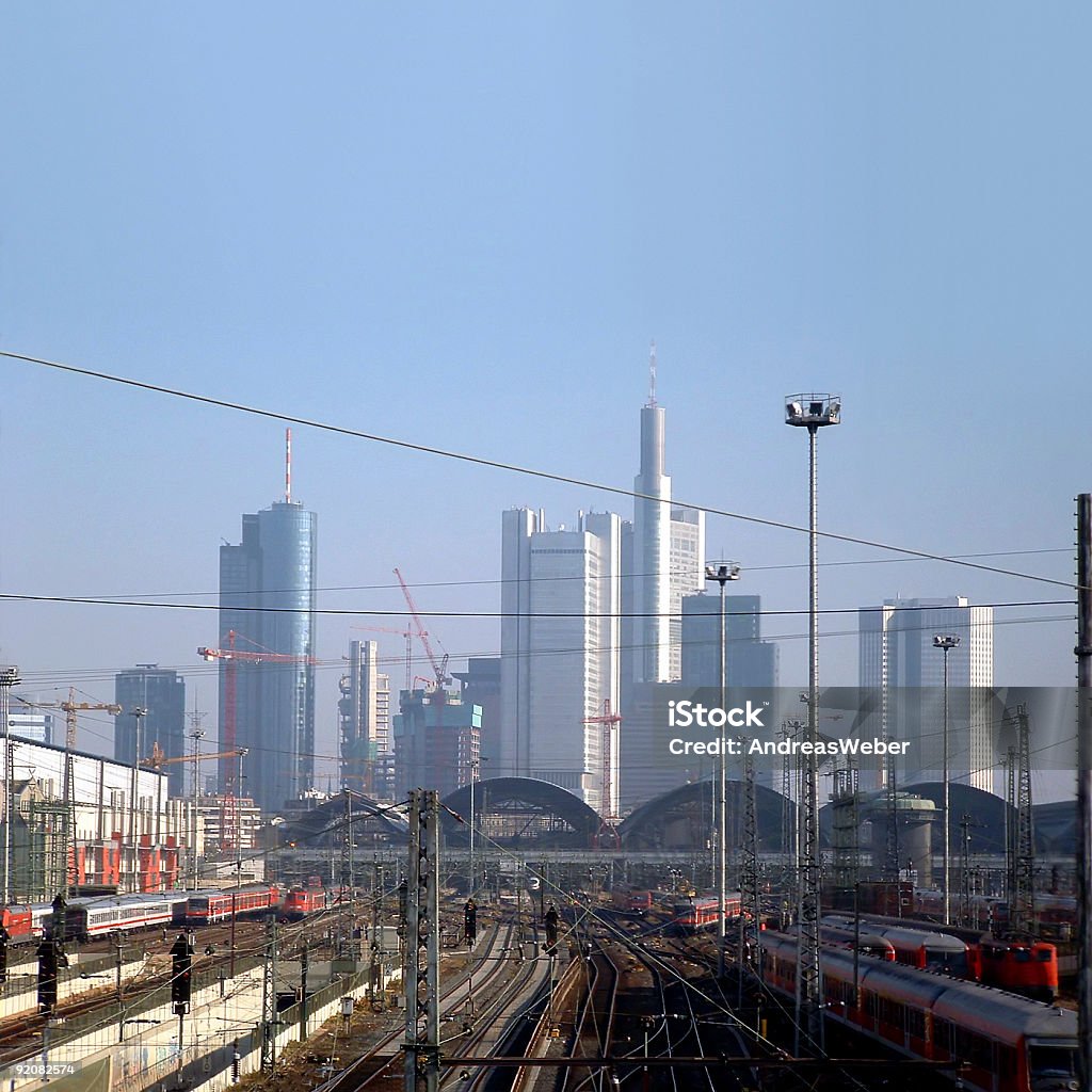 Skyline and central station of Frankfurt, Germany  Antenna - Aerial Stock Photo