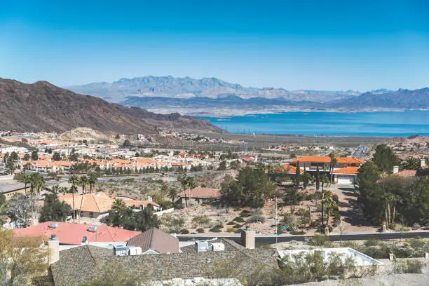 A stock photo of Boulder City, Nevada. Lake Mead can be seen in the distance.