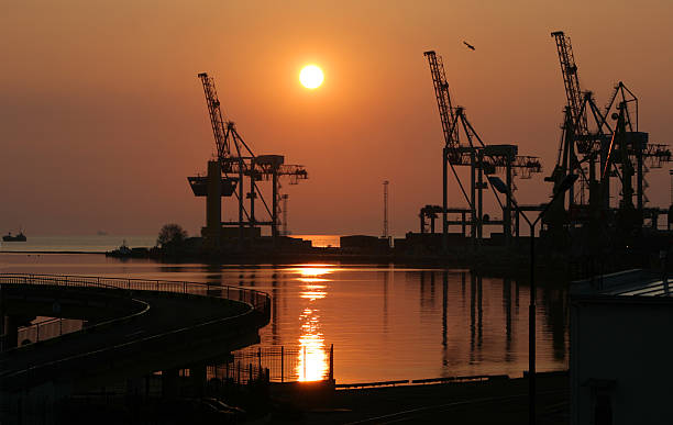 Sunset in trading port stock photo