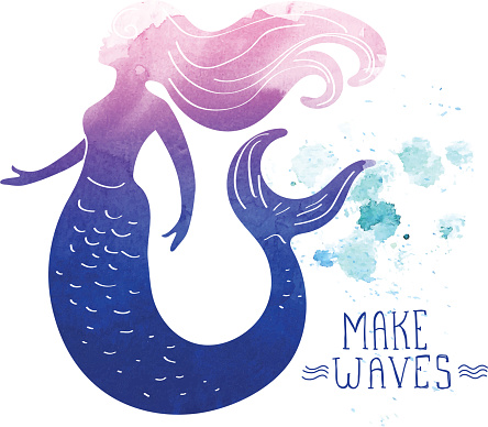 Mermaid silhouette with hand lettering 'Make Waves' watercolor texture