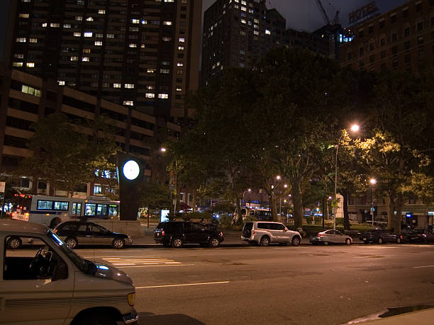 Deserted street at night in New York City stock photo