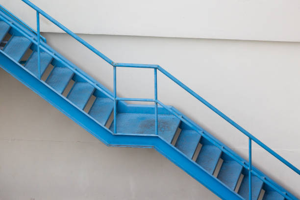 istock blue steel stair outside of building for fire exit 920862826