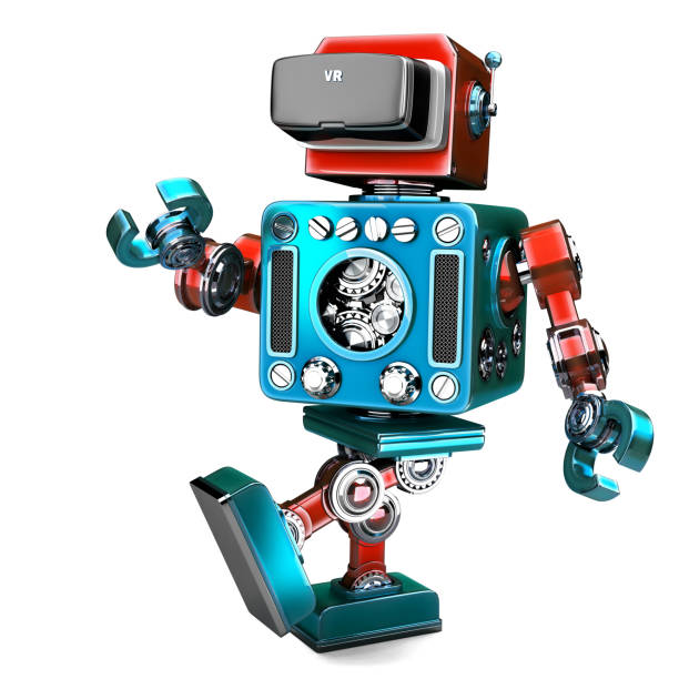 istock Retro Robot wearing VR headset. 3D illustration. Isolated. Contains clipping path 920873076