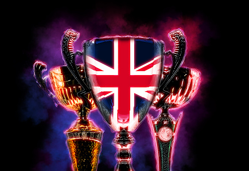 Trophy cup textured with flag of United Kingdom. Digital illustration.