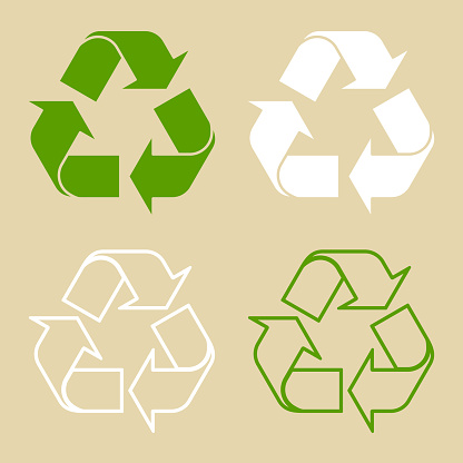 Vector illustration of green recycle symbol. Set of recycling sign, on paper, in flat style.