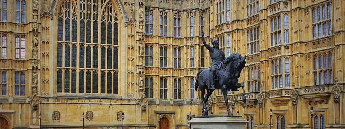 Richard I statue outside Palace of Westminster, Houses of Parliament. London, UK .