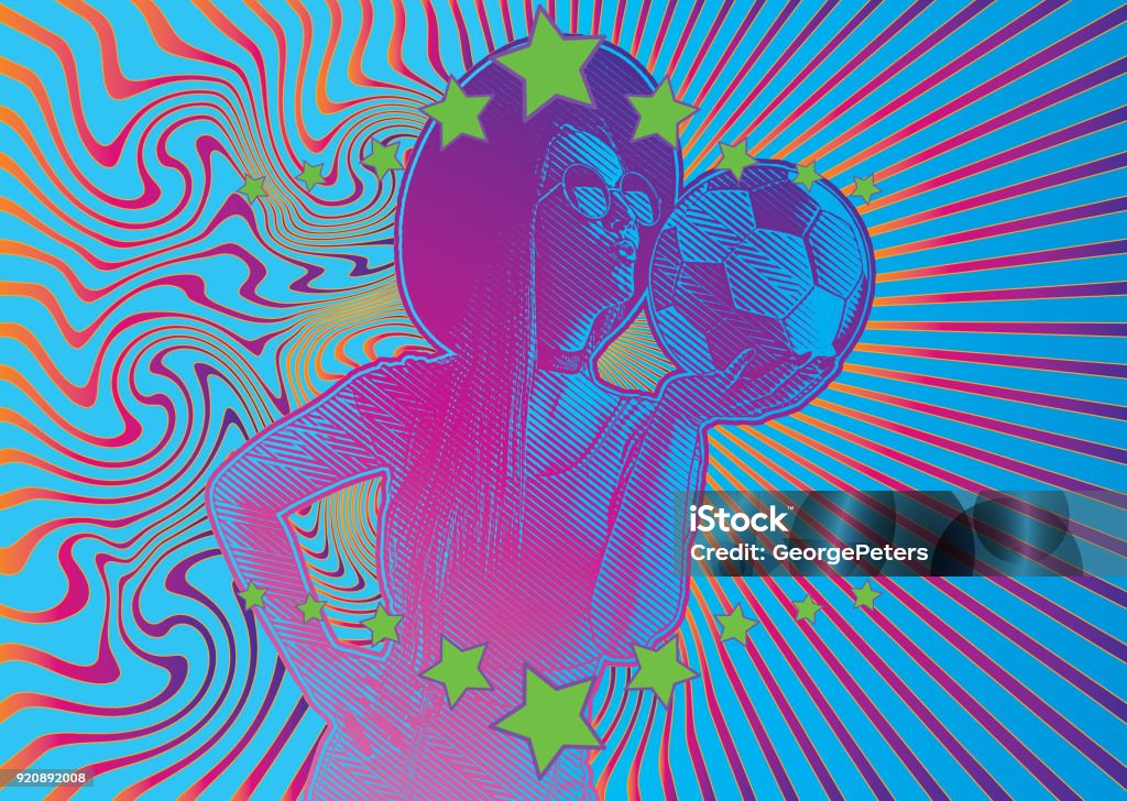 Female soccer fan kissing soccer ball Colorful engraving of a female soccer fan kissing soccer ball Psychedelic stock vector